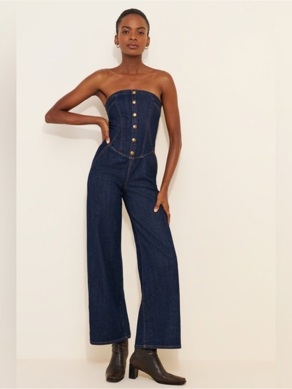 Anthropologie Dark Denim Strapless Corset Jumpsuit